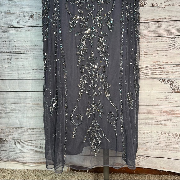 Pisarro Nights Beaded Mesh Column Gown Size 8 Slate Gray Beaded‎ Sequins NWT - Picture 10 of 17
